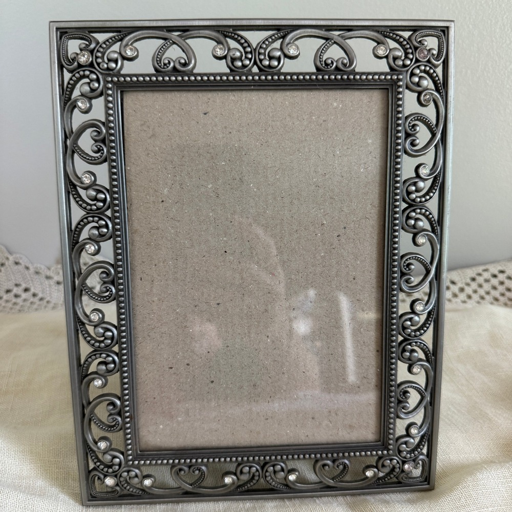 Green Tree Gallery Pewter Scroll Rhinestone 4x6 Photo Frame Ornate Filigree